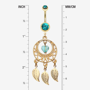 Detail View 1 of Golden Heart Dream Catcher Belly Ring-Teal